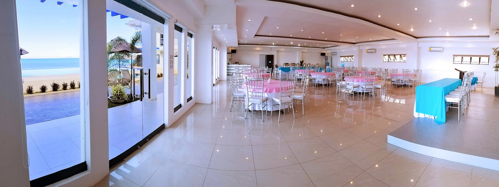 Function hall interior with sea view