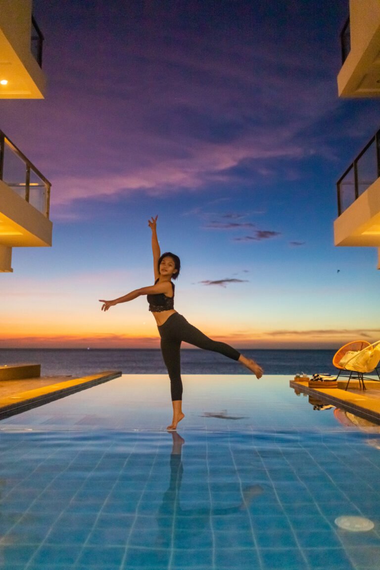 Guest by the pool at sunset